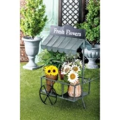 Best Sale 🔔 Olivia & May Small Metal Rectangular Rolling Garden Cart Plant Stand with Canopy and Fresh Flowers Black - Olivia & May ✨