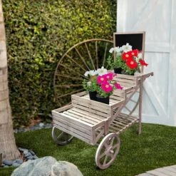Deals 👏 Alpine Corporation Novelty Wooden Cart Plant Stand with Chalkboard 💯
