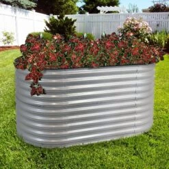 Best Sale 🔔 Sunnydaze Decor Sunnydaze Large Oval Steel Raised Garden Bed - Stand-Up Height - 62.5" W x 32" H - Silver 😀