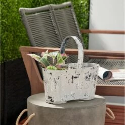 Best Pirce ⌛ Olivia & May Large Distressed Novelty Farmhouse Style Metal Planter with Handle and 2 Pots White - Olivia & May ✔️