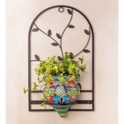 Brand new 😀 Wind & Weather Handcrafted Talavera-Style Terra Cotta Flat-Backed Wall Planter with Wrought Iron Hanger 🎉