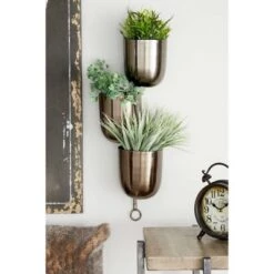 Promo 🤩 Set of 3 12" Contemporary Indoor/Outdoor Metal Hanging Wall Planter Rack - Olivia & May Dark Silver 😉