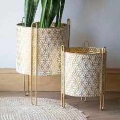 Best Sale 🎁 Set of 2 Modern Whitewashed Brass Metal Floor Planters - Foreside Home & Garden 😉