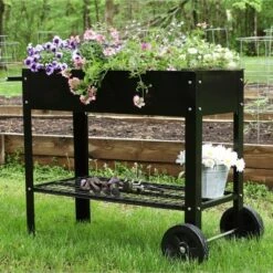 Brand new 😍 Sunnydaze Decor Sunnydaze Outdoor Galvanized Steel Raised Garden Bed Cart with Handlebar and Wheels for Patio, Deck or Yard - 41" L - Black 🤩