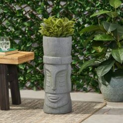 Best Pirce โญ Poulan Outdoor Concrete Polynesian Decorative Planter Stone Gray - Christopher Knight Home ๐