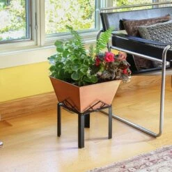 Best Pirce 😀 12.25"Hx12.25"W Indoor/Outdoor Square Copper Plated Galvanized Steel Flower Box with Black Wrought Iron Plant Stand - ACHLA Designs ✨