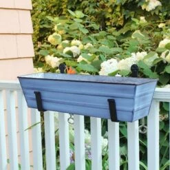 Flash Sale 🥰 22"W Rectangular Nantucket Blue Galvanized Steel Flower Box with Black Wrought Iron Clamp-On Brackets - ACHLA Designs 😀