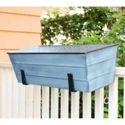 Best Sale ๐งจ 24"W Rectangular Nantucket Blue Galvanized Steel Flower Box with Black Wrought Iron Clamp-On Brackets - ACHLA Designs โ