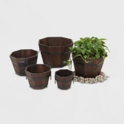 Deals 🤩 5pc Barrel Style Octagonal Wooden Planters Brown - Leisure Season 🤩