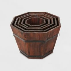 Deals 🤩 5pc Barrel Style Octagonal Wooden Planters Brown - Leisure Season 🤩 -Planters Sales Store unnamed file 2748