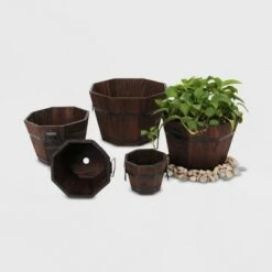 Deals 🤩 5pc Barrel Style Octagonal Wooden Planters Brown - Leisure Season 🤩 -Planters Sales Store unnamed file 2749