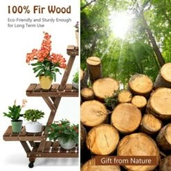 Discount 👏 Costway Wooden Plant Stand w/Wheels Pots Holder Display Shelf 56.5'' x 11'' x 41'' 😉 -Planters Sales Store unnamed file 2814