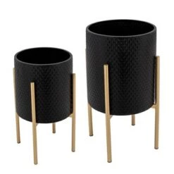 Best Sale ❤️ Set of 2 Textured Planter on Metal Stand - Sagebrook Home Black/gold 🛒 -Planters Sales Store unnamed file 3051