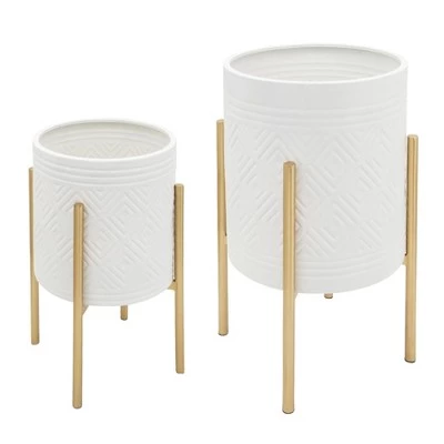 New ๐คฉ Set of 2 Aztec Planter on Metal Stand - Sagebrook Home White/gold ๐ฅ 6 New ๐คฉ Set of 2 Aztec Planter on Metal Stand - Sagebrook Home White/gold ๐ฅ - Image 4