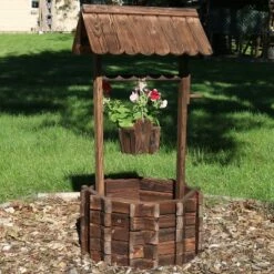 Wholesale 😀 Sunnydaze Decor Sunnydaze Outdoor Fir Wood Wishing Well Garden Planter with Hanging Flower Bucket for Garden or Yard - 45" H - Brown 👍