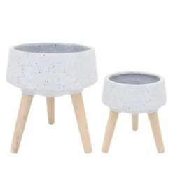 Promo 🌟 Set of 2 Terrazzo Planter with Wood Legs - Sagebrook Home White 🔔