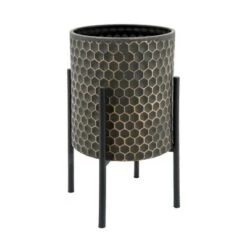 Outlet 🎁 Sagebrook Home Set of 2 Honeycomb Planters on Metal Stand Black/Gold ⭐