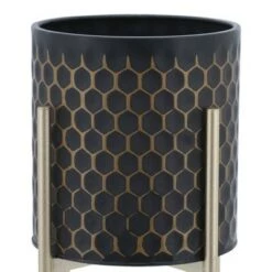 Outlet 🎁 Sagebrook Home Set of 2 Honeycomb Planters on Metal Stand Black/Gold ⭐ -Planters Sales Store unnamed file 3381
