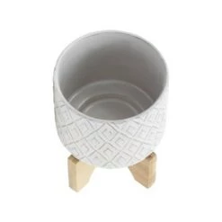 Best Pirce ✨ Ceramic Diamond Etched Flower Pot with Wooden Stand Beige - Sagebrook Home 🛒 -Planters Sales Store unnamed file 3384