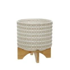 New 👏 Ceramic Dotted Planter with Wood Stand Ivory - Sagebrook Home ❤️ -Planters Sales Store unnamed file 3395