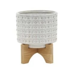 New 👏 Ceramic Dotted Planter with Wood Stand Ivory - Sagebrook Home ❤️ -Planters Sales Store unnamed file 3396