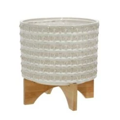 New 👏 Ceramic Dotted Planter with Wood Stand Ivory - Sagebrook Home ❤️ -Planters Sales Store unnamed file 3397
