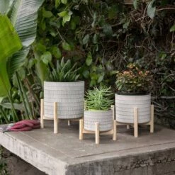 Hot Sale ⭐ Ceramic Geometric Planter with Wood Stand Beige - Sagebrook Home 🎉 -Planters Sales Store unnamed file 3440
