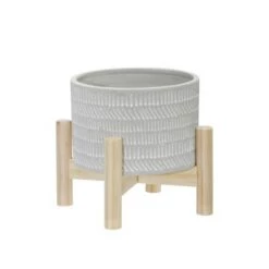 Hot Sale ⭐ Ceramic Geometric Planter with Wood Stand Beige - Sagebrook Home 🎉 -Planters Sales Store unnamed file 3441