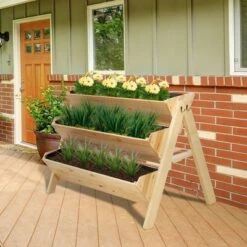 New 🥰 Outsunny 47'' 3-Tiers Wooden Raised Garden Bed Plant Stand with Side Hooks Storage Clapboard for Tools Great for Flowers Herbs Vegetables Natural 💯