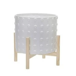 Coupon 🤩 Ceramic Dotted Planter with Wood Stand White - Sagebrook Home 🔔 -Planters Sales Store unnamed file 3669