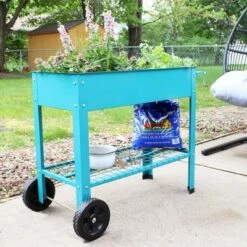Hot Sale 🎉 Sunnydaze Decor Sunnydaze Outdoor Galvanized Steel Raised Mobile Elevated Planter Cart with Handlebar and Wheels - 43" - Blue ✔️