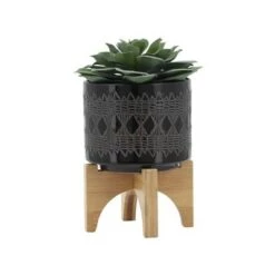 Buy 🎉 Ceramic Aztec Planter on Wooden Stand Black - Sagebrook Home ✔️ -Planters Sales Store unnamed file 3744