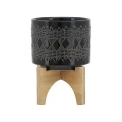 Buy 🎉 Ceramic Aztec Planter on Wooden Stand Black - Sagebrook Home ✔️ -Planters Sales Store unnamed file 3750