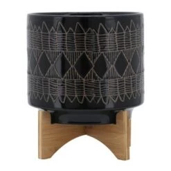 Buy 🎉 Ceramic Aztec Planter on Wooden Stand Black - Sagebrook Home ✔️ -Planters Sales Store unnamed file 3752