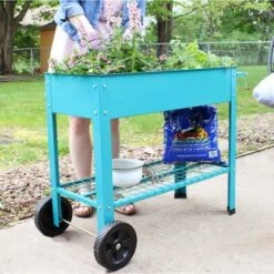 Hot Sale 🎉 Sunnydaze Decor Sunnydaze Outdoor Galvanized Steel Raised Mobile Elevated Planter Cart with Handlebar and Wheels - 43" - Blue ✔️ -Planters Sales Store unnamed file 380