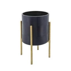 Coupon 😉 Sagebrook Home Set of 2 Textured Planters on Metal Stand Navy/Gold 😀 -Planters Sales Store unnamed file 3835