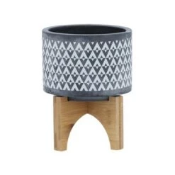 Outlet ✨ Ceramic Aztec Planter on Wooden Stand Gray - Sagebrook Home 🔥 -Planters Sales Store unnamed file 3946