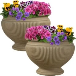 Cheapest ⭐ Sunnydaze Decor Sunnydaze Indoor/Outdoor Patio, Garden, or Porch Weather-Resistant Double-Walled Elizabeth Ribbed Urn Flower Pot Planter - 16" - Beige - 2pk 🥰 -Planters Sales Store unnamed file 4073