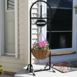 Best reviews of 🛒 Sunnydaze Decor Sunnydaze Indoor/Outdoor Iron Construction Decorative Welcome Sign and Coco Grass Liner Hanging Basket Planter Stand - 48" H - Black ⌛