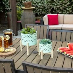 Cheap 🔥 8" Ceramic Dotted Planter with Wood Stand Green - Sagebrook Home 🥰 -Planters Sales Store unnamed file 4195