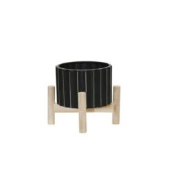 Outlet 🌟 Ceramic Fluted Planter with Wood Stand Black - Sagebrook Home ⌛