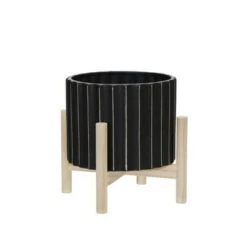 Outlet 🌟 Ceramic Fluted Planter with Wood Stand Black - Sagebrook Home ⌛ -Planters Sales Store unnamed file 4209