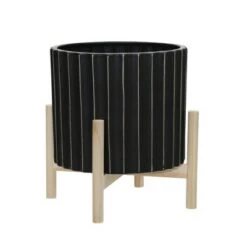 Outlet 🌟 Ceramic Fluted Planter with Wood Stand Black - Sagebrook Home ⌛ -Planters Sales Store unnamed file 4210