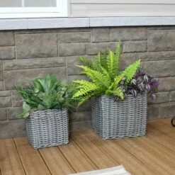 Top 10 🎉 Sunnydaze Decor Sunnydaze Rectangle Polyrattan Basket Planters with Handles and Attached Liner - 11.75" L x 10.5" D and 14.5" L x 13.25" D - Gray - 2-Piece Set ✔️
