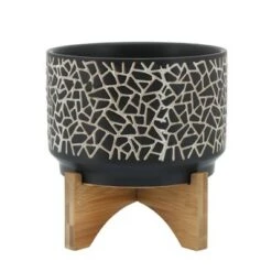 Outlet 👏 Sagebrook Home 8" Crackled Ceramic Planter with Wood Stand Black 😀