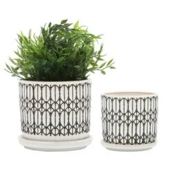 Best deal ✔️ Sagebrook Home Set of 2 Geometric Oval Patterned Ceramic Planters with Saucers White 🥰 -Planters Sales Store unnamed file 4582