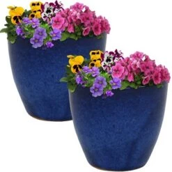 Promo ⭐ Sunnydaze Decor Sunnydaze Resort Outdoor/Indoor High-Fired Glazed UV- and Frost-Resistant Ceramic Planters with Drainage Holes - 8" Diameter - Imperial Blue - 2-Pack 🎉 -Planters Sales Store unnamed file 4659
