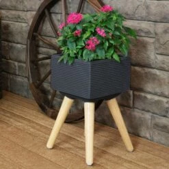 New 🤩 Sunnydaze Decor Sunnydaze Barkley Fiber Clay Durable Indoor/Outdoor Decorative Flower Pot - 10" Square - Charcoal and Natural 💯