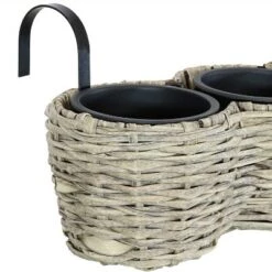 Brand new 🎁 Sunnydaze Decor Sunnydaze Indoor/Outdoor Polyrattan Over-the-Rail Tri-Planter with 3 Round Black Plastic Liners - Frost 😀 -Planters Sales Store unnamed file 4740