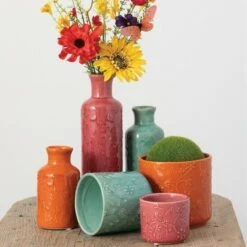 New 👍 Sullivans Set of 3 Floral Relief Flower Planter 4.5"H, 4"H & 2.75"H Red 👍 -Planters Sales Store unnamed file 4787